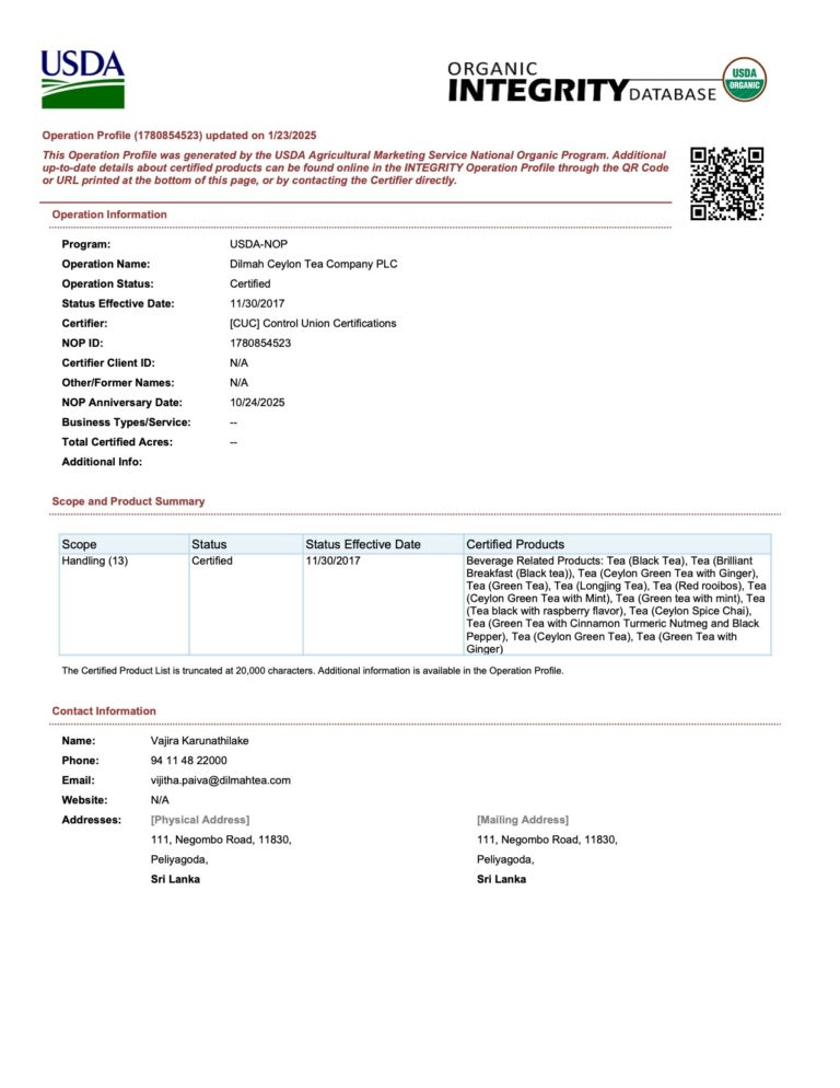 USDA Organic Certificate
