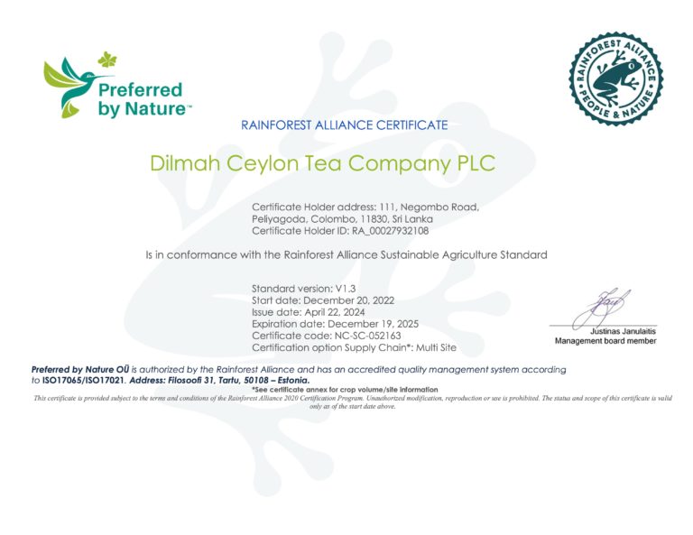 Rainforest Alliance Certificate